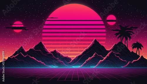 Retro wave or synthwave background, retro summer sunset wallpaper. generative ai