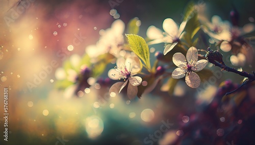 beautiful flowering and colorful tree branch, branch with signs of spring. bokeh spring background with blurred background. generative ai