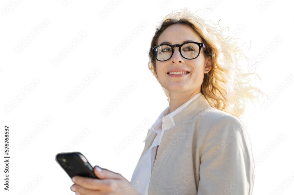 Lawyer woman using a phone to surf the internet 5 g, transparent background, isolated png.and