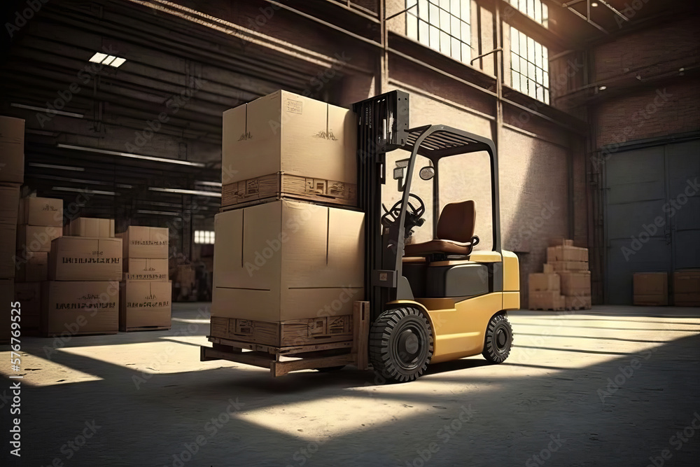 Forklift with cardboard boxes in warehouse. Generative AI