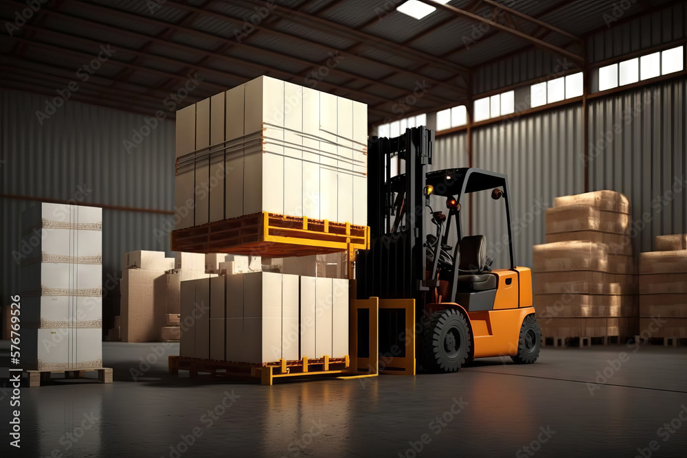 Forklift loader in warehouse. Generative AI
