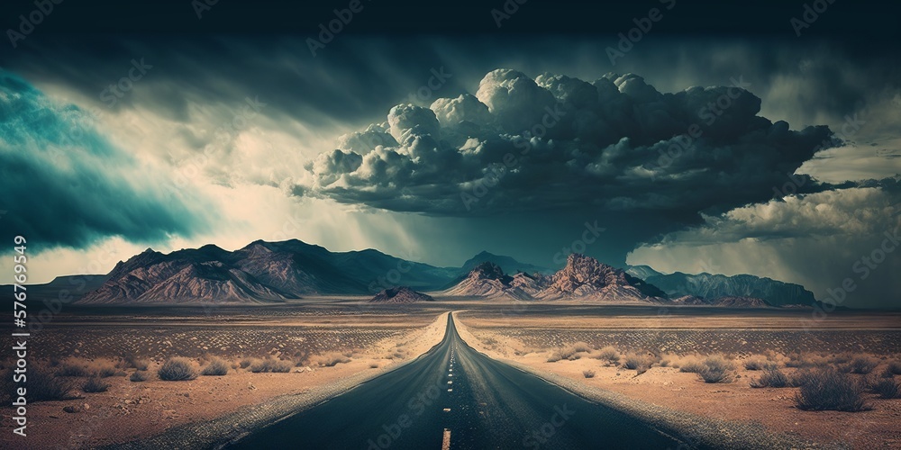 Road in the desert with stormy clouds. Generative AI - obrazy, fototapety, plakaty 