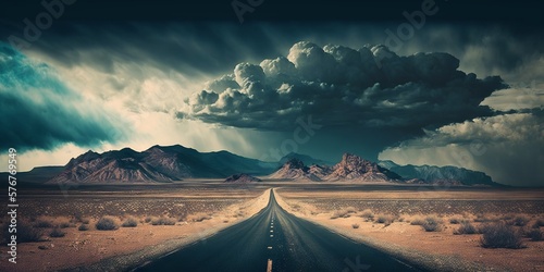 Road in the desert with stormy clouds. Generative AI