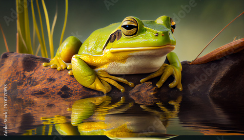 An Australian green tree frog in a pond generative AI