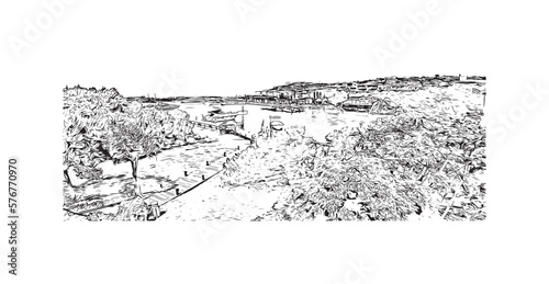 Building view with landmark of Porto Cervo is the 
comune in Italy. Hand drawn sketch illustration in vector.