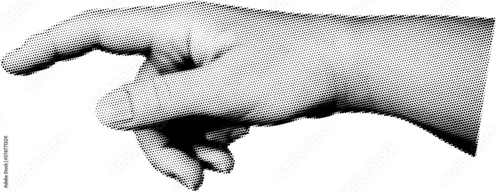 Retro halftone collage elements for mixed media design. Human hand in halftone texture, dotted pop art style. Vector illustration of vintage grunge punk crazy art templates.