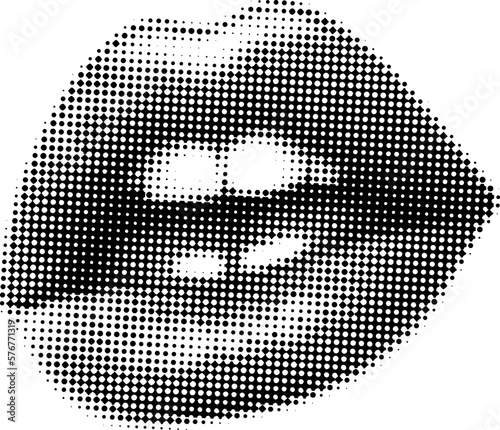 Retro halftone collage elements for mixed media design. Beautiful lips in halftone texture, dotted pop art style. Vector illustration of vintage grunge punk crazy art templates.