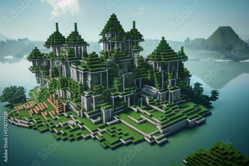 Jungle's castle on the lake. Minecraft. Generative AI