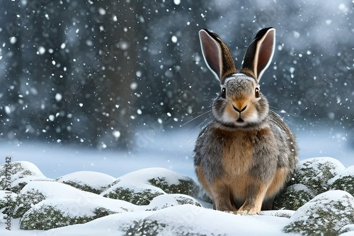 Lovely bunny easter fluffy baby rabbit on a snowing day on winter. Generative AI.