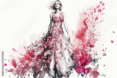 Young woman wearing a long evening dress made of rose flowers. Watercolor illustration of fashion and clothes. Spring concept. Generative AI