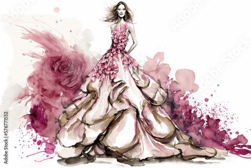 Young woman wearing a long evening dress made of rose flowers. Watercolor illustration of fashion and clothes. Spring concept. Generative AI