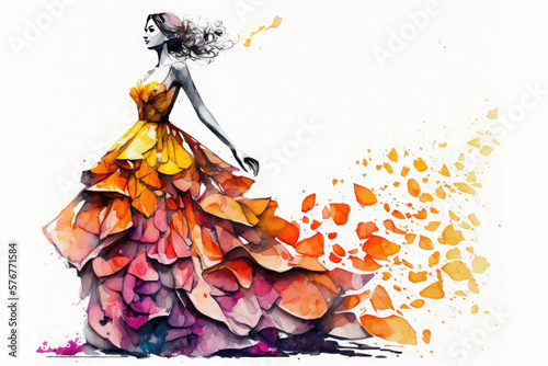 Young woman wearing a long evening dress made of flowers. Watercolor illustration of fashion and clothes. Spring concept. Generative AI