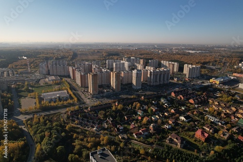 Katyushka city district in Lobnya at dawn from a drone photo