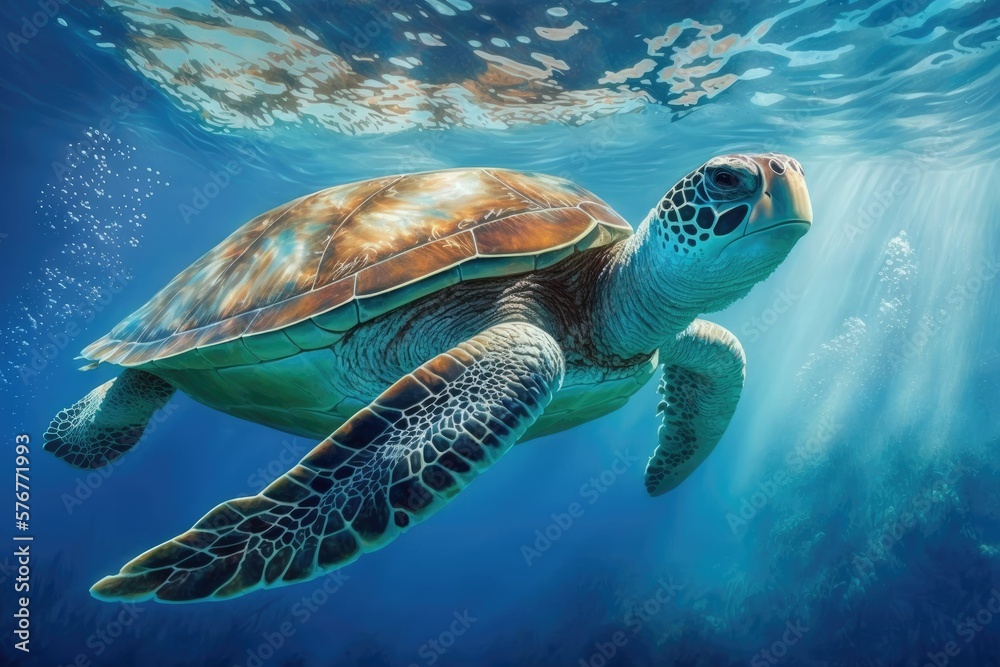 Fototapeta premium The endangered sea turtle (chelonia mydas) navigates the deep blue sea. In the shallows, you can go snorkeling with sea turtles. Tortoise underwater photos in the deep blue sea. Scene from under the w