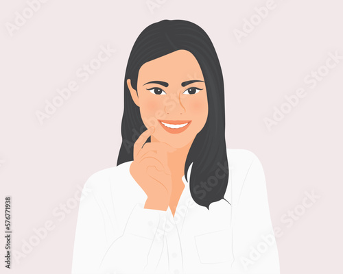 Beautiful girl, long hair, is smiling happily, thinking about beautiful things in her life. Vector illustration.