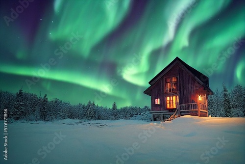 Fototapeta a painting of a cabin in a snowy landscape with the aurora bore in the sky above it and a cabin in the foreground with the aurora bore in the background