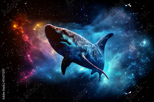 Aesthetic heavenly shark at universe full of stars on black background.  Digitally generated AI image © 0livia