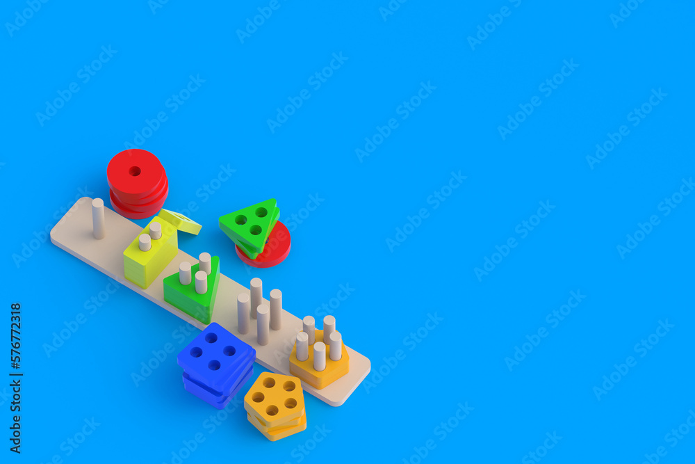 Obraz premium Logic toy for kids. Preschool development of the child. Montessori material. Thinking process. Cognitive skills. Copy space. 3d render