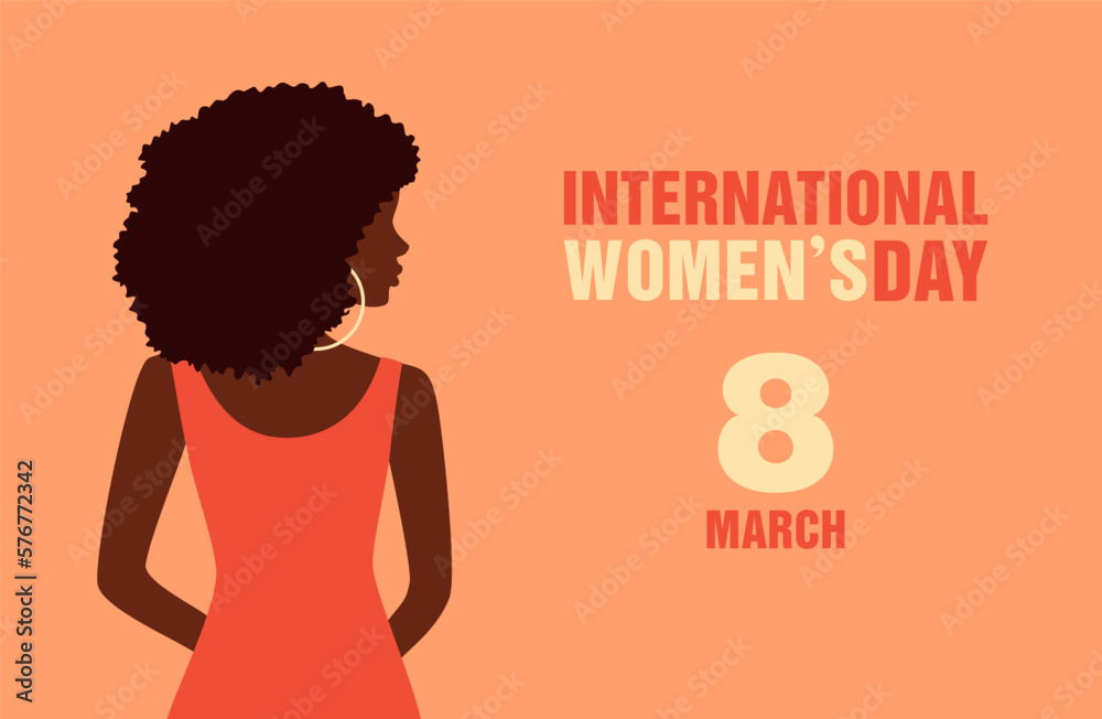 Beautiful black woman with curly hair in red dress looking over her shoulder. International Women's Day. Flat vector illustration Beautiful black woman with curly hair in red dress looking over her shoulder. International Women's Day. Flat vector illustration