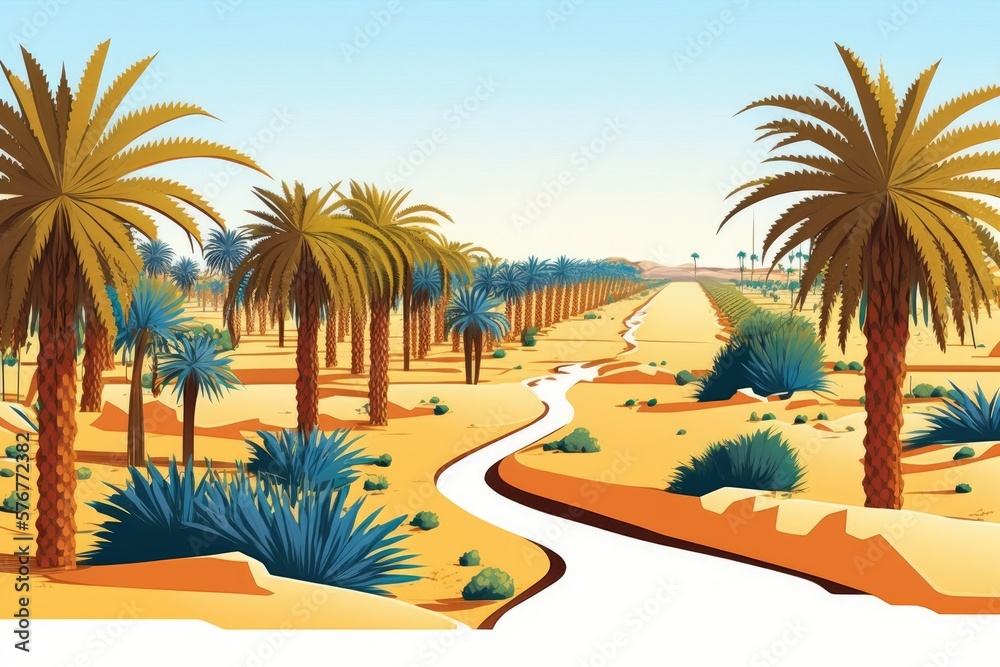 Panorama of a Middle Eastern date palm grove, depicting the region's sophisticated farming techniques in the region's arid climate. Generative AI