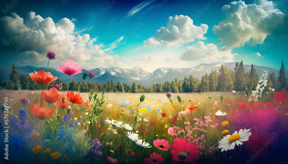 Springtime Symphony: A Vibrant Meadow of Color, AI Generative