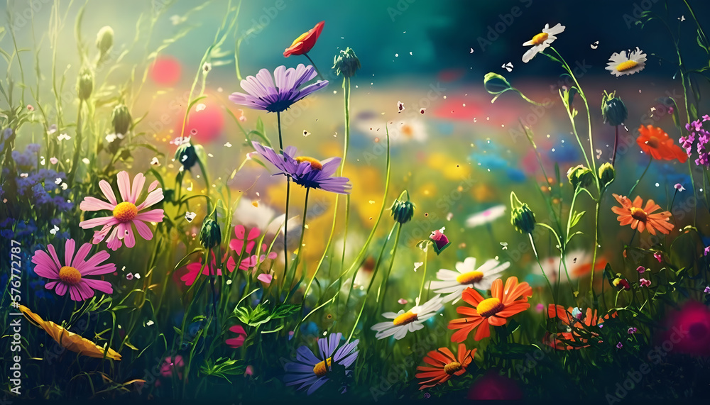 A Great, Majestic, Beautiful, Colorful Banner made of Flower Meadow in Spring Time, Outdoor. Generative AI