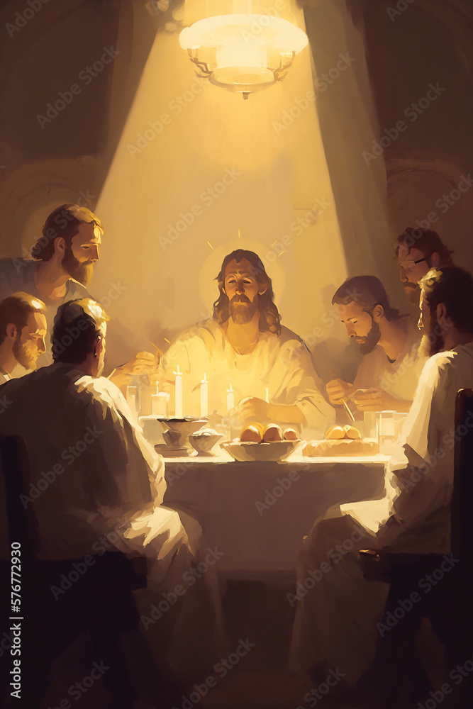 Painting of Jesus Christ and the apostles at the last supper Ai generative Stock Illustration