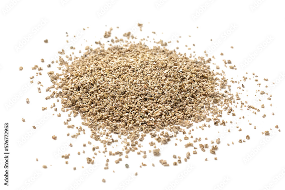 Exfoliated vermiculite mineral, isolated on white background. Mineral used in gardening Exfoliated vermiculite mineral, isolated on white background. Mineral used in gardening