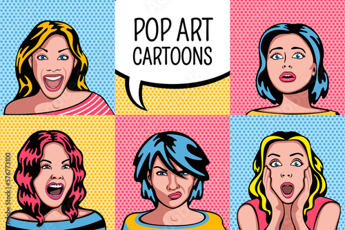 Rostros de mujer con diferentes expresiónes en estilo pop art