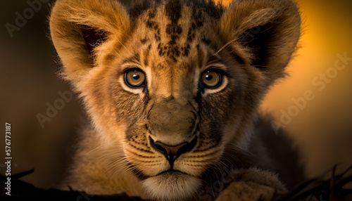 Close up portrait of a lion cub, wild life generative AI (ID: 576773187)