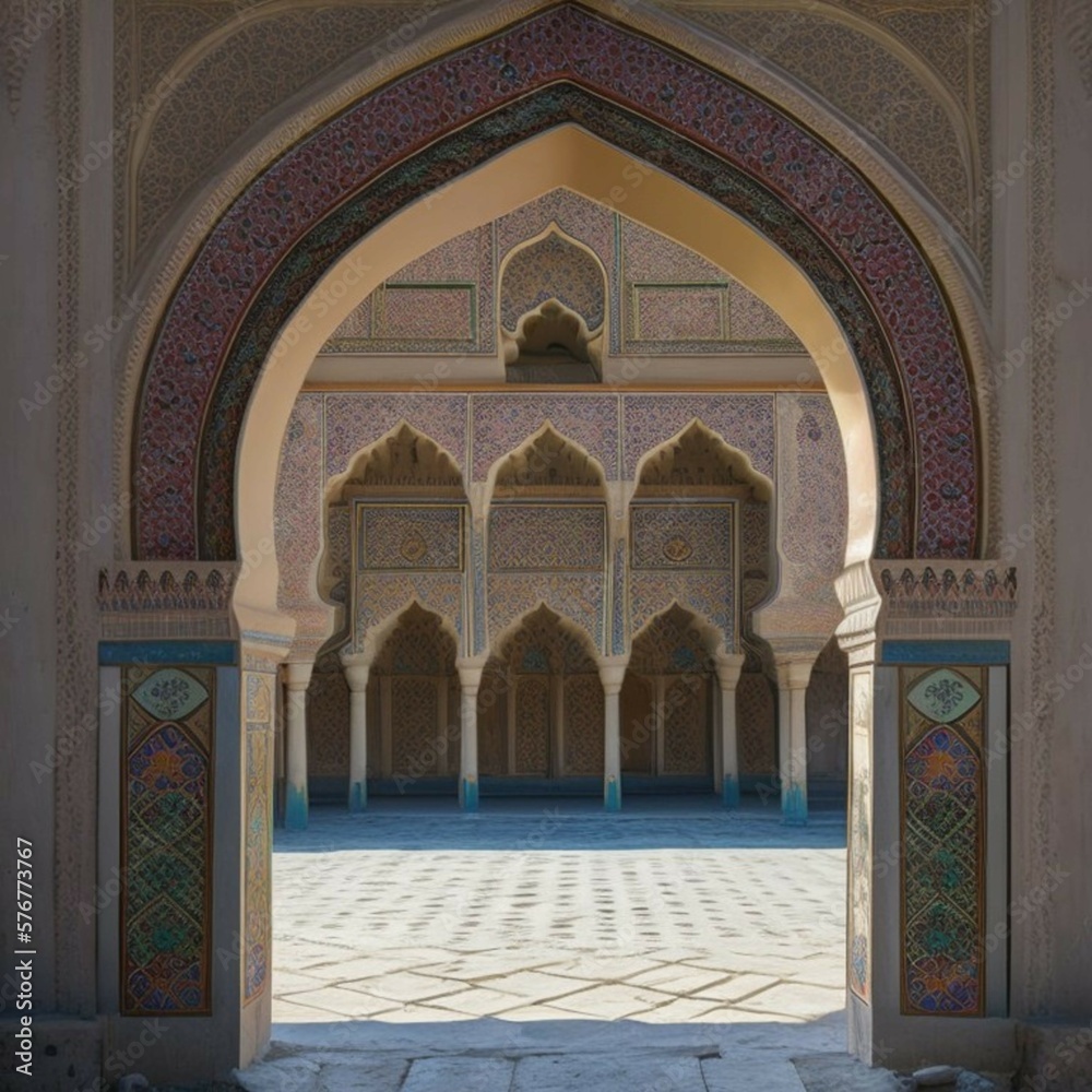 a view of a building through an archway, Generated Ai