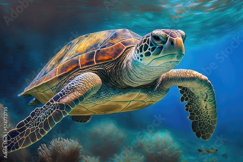 The aquatic habitat of the marine turtle. Close up of a large green sea turtle. Animals that live in a tropical coral reef. In the depths  a tortoise. Habitats found on tropical beaches. Huge turtle i