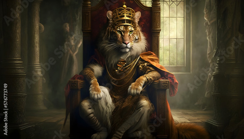 Tiger sitting on a throne, generative AI photo
