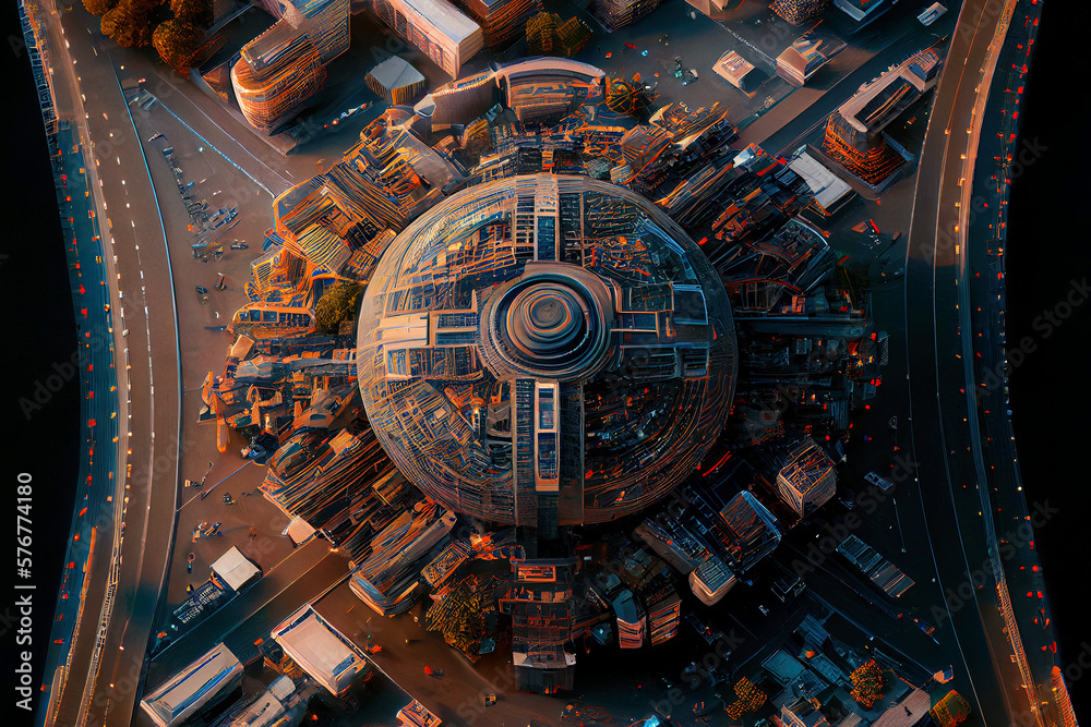 Futuristic city center top view. Digitally generated AI image.