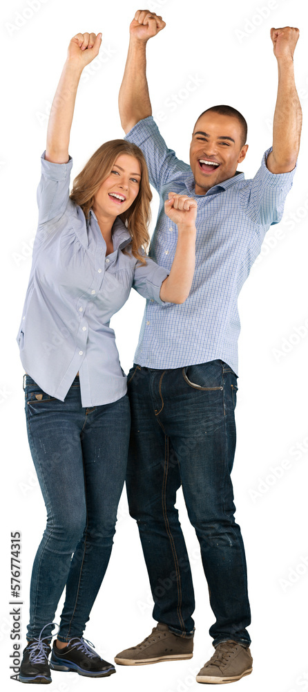 Obraz premium Happy success cheerful couple raise their hands in victory