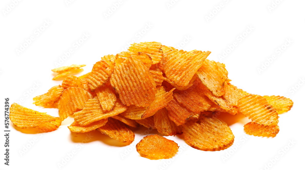 Red paprika crinkle cut potato chips, pile crisps isolated on white Red paprika crinkle cut potato chips, pile crisps isolated on white