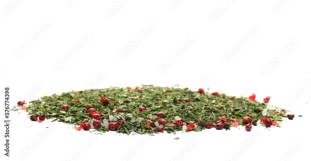 Mixture of sea salt and spices, french style, sea ​​salt, parsley, chives chopped, dill, coriander, tarragon and red peppercorns isolated on white