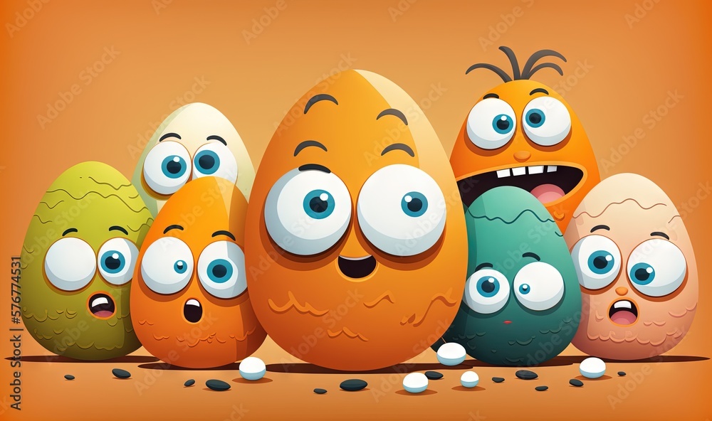  a group of eggs with eyes and mouths are lined up in a row on an orange background, with a third egg in the middle of the row with eyes.  generative ai