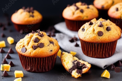 Delicious Chocolate Chip Muffins: Moist and Tempting Baked Goods with Dripping Chocolate and Choco Chips, Perfect for Chocolate Lovers and Snack Time