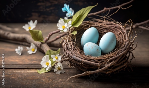  a bird nest with three blue eggs in it and white flowers on a wooden table with branches and branches with white flowers on the branch.  generative ai