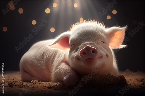 Closeup of sleeping pig facing the camera. Generative Ai