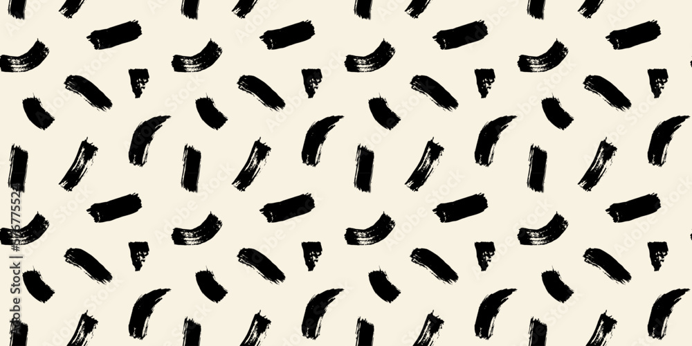 Black and white abstract brush stroke painting seamless pattern illustration. Modern paint line background in monochrome color. Messy graffiti sketch wallpaper print, rough hand drawn texture.
