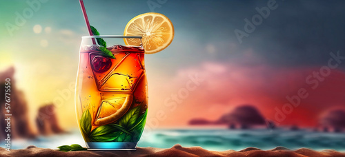 Summer cool cocktail on the background of the sea or ocean. Cocktail with ice, mint and lemon. Space for your text. Advertising, banner. AI