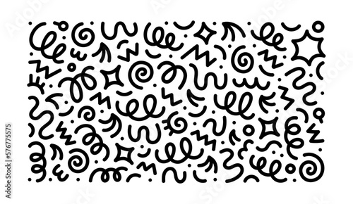 Fun abstract line doodle shape set. Creative minimalist style art symbol collection for children or party celebration with modern shapes. Simple upbeat childish drawing scribble decoration.