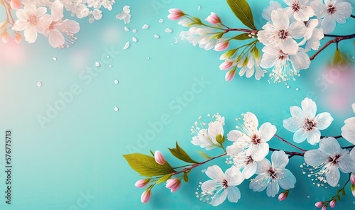 Beautiful Cherry Blossoms on Blue Background with Copy Space for Text. Spring Theme. Generative AI.