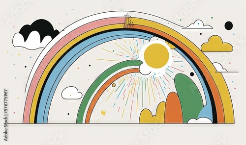  a drawing of a rainbow with clouds and sun in the sky and stars in the sky above the rainbow is a white background with black dots. generative ai