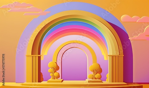  a rainbow arch with trees and clouds in the background and a rainbow in the foreground with a yellow sky and clouds in the background. generative ai