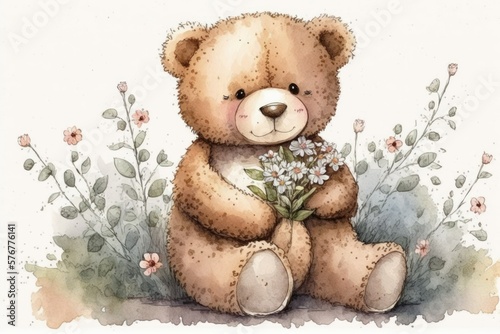 Watercolor teddy bear for Valentine's Day. Generative AI