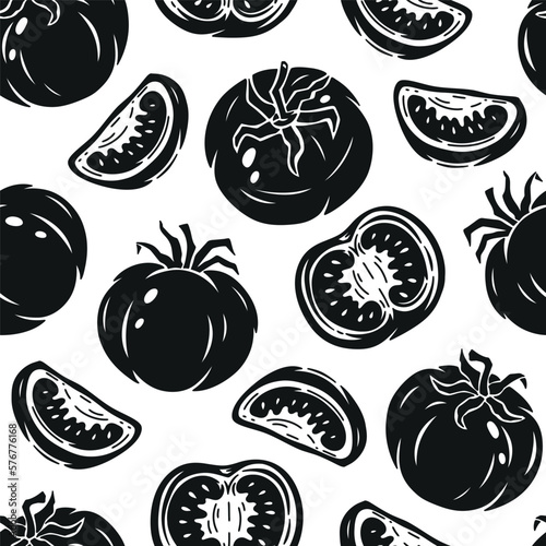 Tomato Seamless pattern. Slice of tomato. Tomatoes Black Silhouettes. Fresh Vegetables Vector Background. Great for Food Wrapping Paper or Packaging.