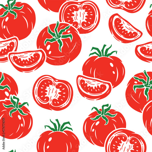 Tomato Seamless pattern. Slice of tomato. Red Tomatoes. Fresh  Vegetables Vector Background. Great for Food Wrapping Paper or Packaging